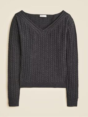 J.Crew Cable-knit wide V-neck sweater in merino wool Heather Charcoal Gray S NWT